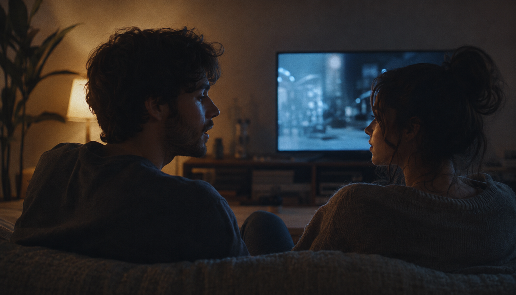 Two people on a couch late at night, one about to say something important